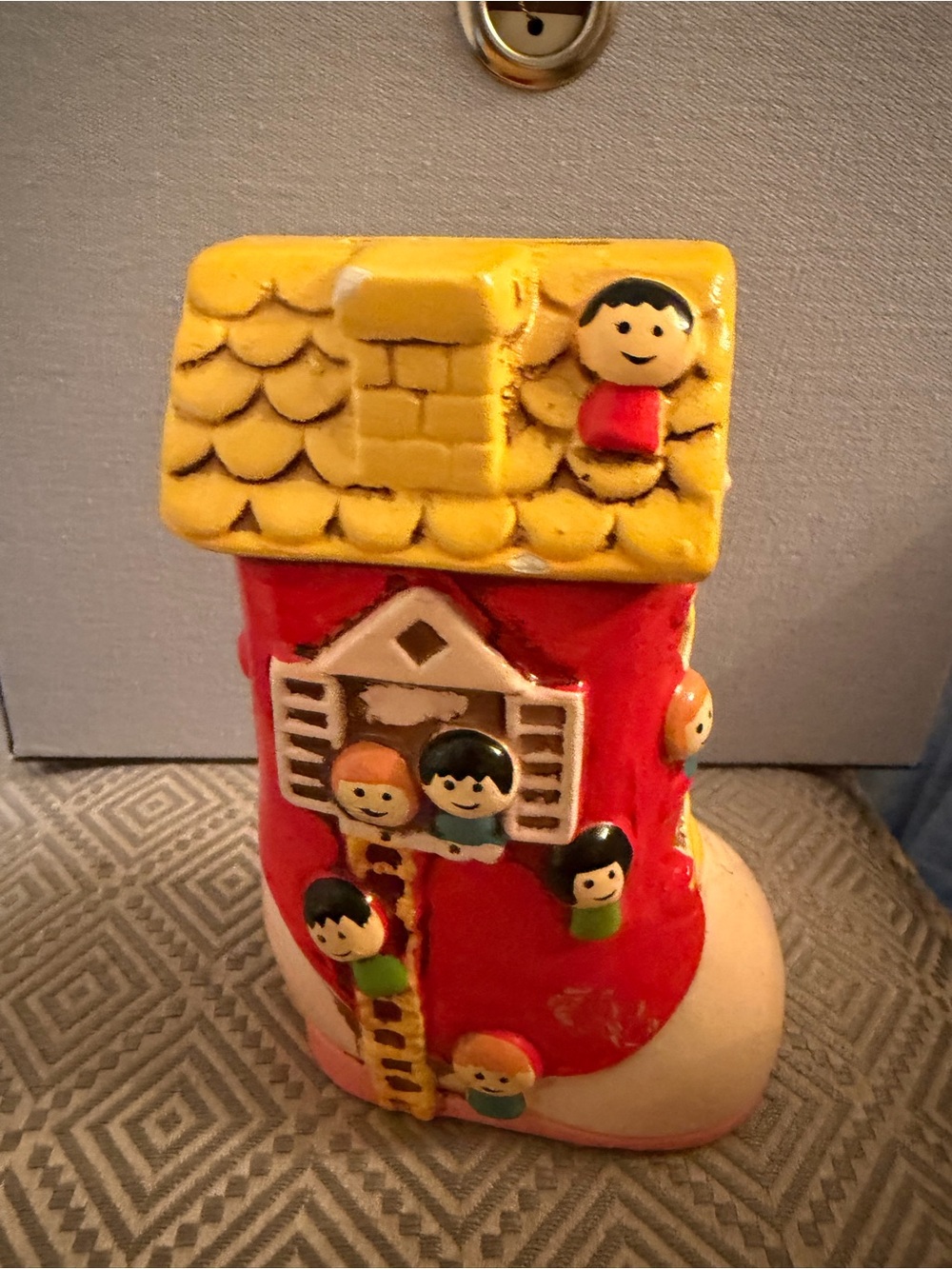 Vintage Enesco Red Ceramic Boot House with Yellow Roof Bank 1950’s